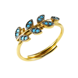 Δαχτυλίδι ελιάς από ασήμι 925 με Κ24 double χρύσωμα και φύλλα διακοσμημένα με τυρκουάζ πέτρες. Χειροποίητη ελληνική δημιουργία.