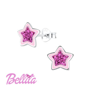 Ασημένια παιδικά σκουλαρίκια αστέρι με ροζ κρύσταλλα Bellita. Υποαλλεργικά, από ασήμι 925, ιδανικά για δώρο σε κοριτσάκια.
