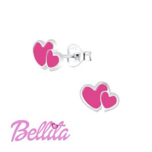 Ασημένια παιδικά σκουλαρίκια Bellita με καρδούλες και ροζ σμάλτο. Υποαλλεργικά, από ασήμι 925, ιδανικά για δώρο σε κοριτσάκια.