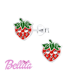 Ασημένια παιδικά σκουλαρίκια Bellita, με φραουλίτσα και χρωματιστό σμάλτο. Υποαλλεργικά, από ασήμι 925, ιδανικά για δώρο σε κοριτσάκια.