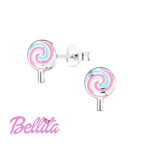 Ασημένια παιδικά σκουλαρίκια Bellita, με γλειφιτζούρι και χρωματιστό σμάλτο. Υποαλλεργικά, από ασήμι 925, ιδανικά για δώρο σε κοριτσάκια.