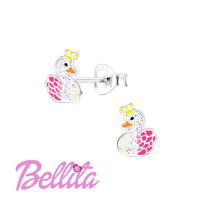 Ασημένια παιδικά σκουλαρίκια Bellita, κύκνος, με χρωματιστό σμάλτο και γκλίτερ. Υποαλλεργικά, από ασήμι 925, ιδανικά για δώρο σε κοριτσάκια.