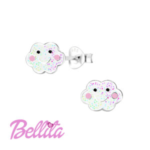 Ασημένια παιδικά σκουλαρίκια Bellita, συννεφάκι, με χρωματιστό σμάλτο και γκλίτερ. Υποαλλεργικά, από ασήμι 925, ιδανικά για δώρο σε κοριτσάκια.