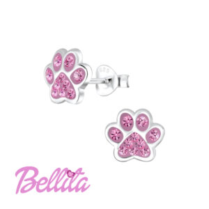 Ασημένια παιδικά σκουλαρίκια Bellita, με πατούσα σκύλου και ροζ κρύσταλλα. Υποαλλεργικά, από ασήμι 925, ιδανικά για δώρο σε κοριτσάκια.