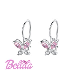 Ασημένια παιδικά σκουλαρίκια Bellita σε σχήμα πεταλούδας, με λευκές και ροζ πέτρες ζιργκόν. Υποαλλεργικά, από ασήμι 925, ιδανικά για δώρο σε κοριτσάκια.