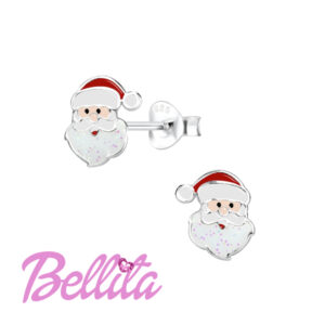 Ασημένια παιδικά σκουλαρίκια Bellita, Άγιος Βασίλης, με χρωματιστό σμάλτο και γκλίτερ. Υποαλλεργικά, από ασήμι 925, ιδανικά για δώρο σε κοριτσάκια.