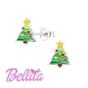 Ασημένια παιδικά σκουλαρίκια Bellita, χριστουγεννιάτικο δέντρο, με χρωματιστό σμάλτο. Υποαλλεργικά, από ασήμι 925, ιδανικά για δώρο σε κοριτσάκια.