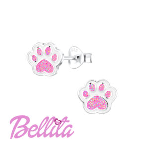 Ασημένια παιδικά σκουλαρίκια Bellita, με πατούσα σκύλου, ροζ σμάλτο και γκλίτερ. Υποαλλεργικά, από ασήμι 925, ιδανικά για δώρο σε κοριτσάκια.