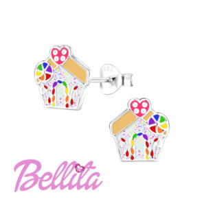 Ασημένια παιδικά σκουλαρίκια Bellita, μπισκοτόσπιτο, με χρωματιστό σμάλτο και γκλίτερ. Υποαλλεργικά, από ασήμι 925, ιδανικά για δώρο σε κοριτσάκια.
