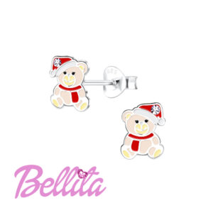 Ασημένια παιδικά σκουλαρίκια Bellita, χριστουγεννιάτικο αρκουδάκι, με χρωματιστό σμάλτο και λευκή πέτρα ζιργκόν. Υποαλλεργικά, ιδανικά για δώρο σε κοριτσάκια.