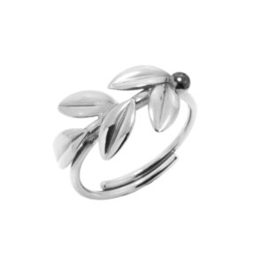 Εντυπωσιακό δαχτυλίδι με χρυσό κλαδί ελιάς και καρπό ελιάς με μαύρη πλατίνα. Φυσική ισορροπία και διακριτική λάμψη για καθημερινή και επίσημη χρήση.