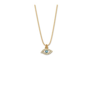 Κομψό μενταγιόν ματάκι από επιχρυσωμένο Ασήμι 925, με λευκά ζιργκόν και γαλάζια πέτρα. Minimal φυλαχτό που προσφέρει στυλ και προστασία. 