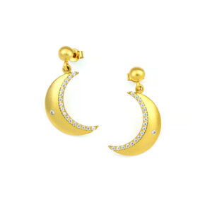 Μοντέρνα σκουλαρίκια από επιχρυσωμένο ασήμι υψηλής ποιότητας, με σχέδιο ημισελήνου και λευκές πέτρες ζιργκόν. Ρομαντικό σχέδιο, ιδανικό για δώρο και βραδινές εμφανίσεις.