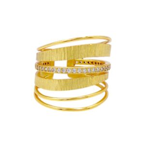 Χειροποίητο δαχτυλίδι από επιχρυσωμένο Ασήμι 925 με βέργες, πέτρες ζιργκόν και ματ υφή. Statement γεωμετρία και πολυτελής λάμψη σε ένα μοντέρνο κόσμημα.