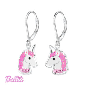 Ασημένια παιδικά σκουλαρίκια μονόκερος με σμάλτο και ροζ κρύσταλλα Bellita. Υποαλλεργικά, από ασήμι 925, ιδανικά για δώρο σε κοριτσάκια.