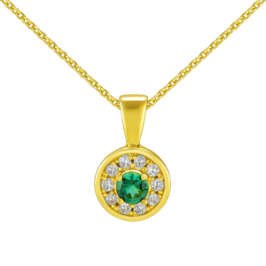 Χειροποίητο κολιέ ροζέτα από επιχρυσωμένο Ασήμι 925, με κεντρικό ζιργκόν σε σμαραγδί χρώμα και μικρές λευκές πέτρες ζιργκόν. Λάμψη σε καθημερινές εμφανίσεις.