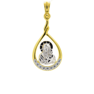 Φυλαχτό με την Παναγία κρατώντας τον Ιησού Χριστό από Ασήμι 925 σε σχήμα δάκρυ και λευκές πέτρες ζιργκόν. Ένα πολύτιμο και μοναδικό κόσμημα.