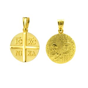 Φυλαχτό Κωνσταντινάτο δύο όψεων από επιχρυσωμένο Ασήμι 925 και στρογγυλό σχήμα. Ένα πολύτιμο και μοναδικό κόσμημα με νόημα.