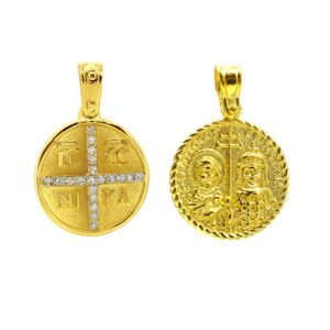 Φυλαχτό Κωνσταντινάτο δύο όψεων από επιχρυσωμένο Ασήμι 925 με πέτρες ζιργκόν και στρογγυλό σχήμα. Ένα πολύτιμο και μοναδικό κόσμημα.