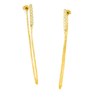 Χειροποίητα σκουλαρίκια από επιχρυσωμένο Ασήμι 925, με κάθετη σειρά λευκών ζιργκόν και διπλές χρυσές αλυσίδες. Κίνηση και λάμψη σε ένα statement κόσμημα.