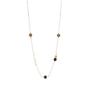 Χειροποίητο κολιέ από επιχρυσωμένο Ασήμι 925 με πέτρες μάτι του τίγρη, μαργαριτάρια και διακοσμητική πέτρα αχάτη. Οργανική υφή και γλυπτική ισορροπία.