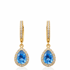 Χειροποίητα σκουλαρίκια ροζέτα δάκρυ από επιχρυσωμένο Ασήμι 925, με γαλάζιο ζιργκόν και λευκές πέτρες ζιργκόν. Λάμψη πολυτέλειας για τις εμφανίσεις σας.