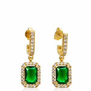 Χειροποίητα σκουλαρίκια ορθογώνια ροζέτα από επιχρυσωμένο Ασήμι 925, με πράσινο ζιργκόν και λευκές πέτρες ζιργκόν. Λάμψη πολυτέλειας για τις εμφανίσεις σας.