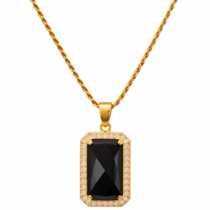 Χειροποίητο κολιέ ορθογώνια ροζέτα από επιχρυσωμένο Ασήμι 925, με πέτρα αιματίτη και λευκές πέτρες ζιργκόν. Λάμψη πολυτέλειας στις εμφανίσεις σας.