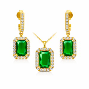 Κομψό, χειροποίητο σετ κοσμημάτων από ασήμι 925 με διπλή επιχρύσωση Κ18 με πράσινα και λευκά ζιργκόν. Ιδανικό για δώρο ή ιδιαίτερες εμφανίσεις.