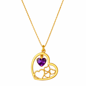 Λαμπερό κολιέ από Ασήμι 925 σε σχήμα καρδιάς, με μικρότερες καρδιές και μωβ πέτρα ζιργκόν. Κομψό κόσμημα που συμβολίζει την αγάπη. Ιδανικό δώρο.