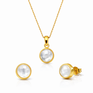 Χειροποίητο σετ από ασήμι 925 με διπλή επιχρύσωση Κ24, με πολύτιμους λίθους περίδοτου ή φεγγαρόπετρας. Ιδανικό για ιδιαίτερες εμφανίσεις.