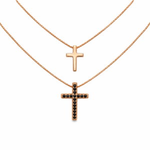 Διπλό κολιέ με σταυρους από Ασήμι 925, με ροζ χρύσωμα και μαύρες πέτρες ζιργκόν. Ένα πολύτιμο δώρο με έντονη θρησκευτική σημασία.