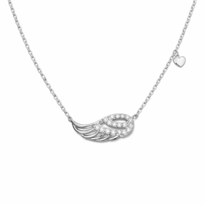 Λαμπερό κολιέ από ασήμι 925 με σχέδιο φτερό αγγέλου, μικρή καρδιά και λαμπερές πέτρες ζιργκόν. Ιδανικό για καθημερινές εμφανίσεις ή δώρο με συμβολικό χαρακτήρα.