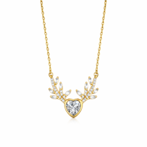 Λαμπερό κολιέ από επιχρυσωμένο Ασήμι 925 με καρδιά, κέρατα ελαφιού και λευκές πέτρες ζιργκόν. Κομψό κόσμημα που συμβολίζει την αγάπη. Ιδανικό δώρο.