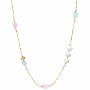 Χειροποίητο κολιέ από επιχρυσωμένο Ασήμι 925 στα Κ18, με πέτρες μοργκανίτη και μαργαριτάρια. Οργανική υφή και γλυπτική ισορροπία.