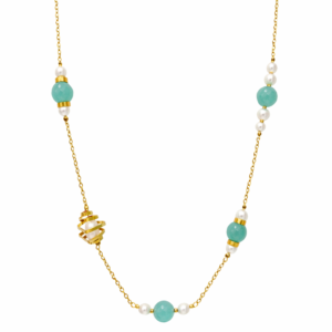 Χειροποίητο κολιέ από επιχρυσωμένο Ασήμι 925 στα Κ18, με πέτρες aquaprase και μαργαριτάρια. Οργανική υφή και γλυπτική ισορροπία.