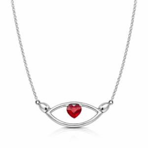 Κομψό κολιέ από Ασήμι 925, σε σχέδιο ματιού και κόκκινη πέτρα ζιργκόν σε σχήμα καρδιάς. Minimal φυλαχτό που προσφέρει στυλ και προστασία.