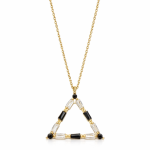 Λαμπερό κολιέ από επιχρυσωμένο Ασήμι 925 με τριγωνικό σχήμα, λευκές και μαύρες πέτρες ζιργκόν. Κομψό κόσμημα, ιδανικό δώρο.