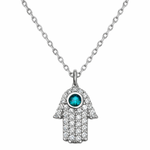 Λαμπερό κολιέ από ασήμι 925 με το Χέρι της Φατιμά και πέτρες ζιργκόν. Ιδανικό για δώρα με συμβολικό χαρακτήρα και για καθημερινές εμφανίσεις.
