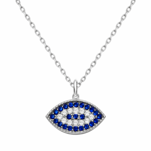 Κομψό κολιέ από Ασήμι 925, σε σχήμα ματιού, λευκές και μπλε πέτρες ζιργκόν. Minimal φυλαχτό που προσφέρει στυλ και προστασία.