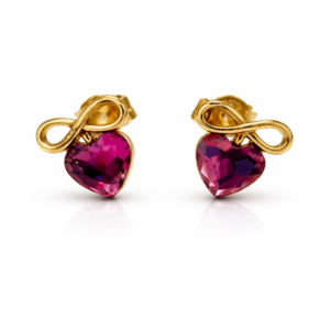 Λαμπερά σκουλαρίκια από επιχρυσωμένο Ασήμι 925, με το σύμβολο του απείρου και καρδιές με magenta ζιργκόν. Κομψό κόσμημα που συμβολίζει την αγάπη. Ιδανικό δώρο.