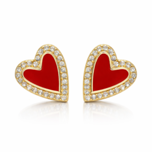 Λαμπερά σκουλαρίκια από επιχρυσωμένο Ασήμι 925, με καρδιές από κόκκινο σμάλτο και λευκές πέτρες ζιργκόν. Κομψό κόσμημα που συμβολίζει την αγάπη. Ιδανικό δώρο.