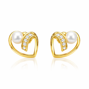 Λαμπερά σκουλαρίκια από επιχρυσωμένο ασήμι 925 με σχέδιο καρδιάς, λευκές πέρλες και λευκές πέτρες ζιργκόν. Ιδανικό για ρομαντικές εμφανίσεις ή συμβολικό δώρο.